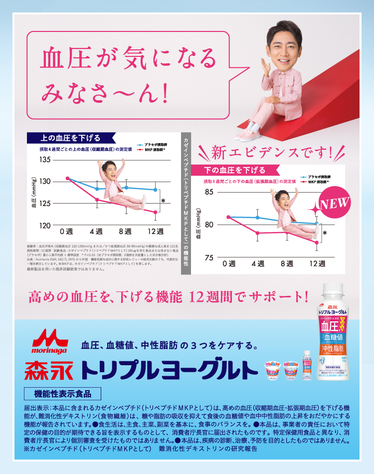 血圧が気になるみなさ~ん!高めの血圧を、下げる機能12週間でサポート!血圧、血糖値、中性脂肪の3つをケアする。森永トリプルヨーグルト