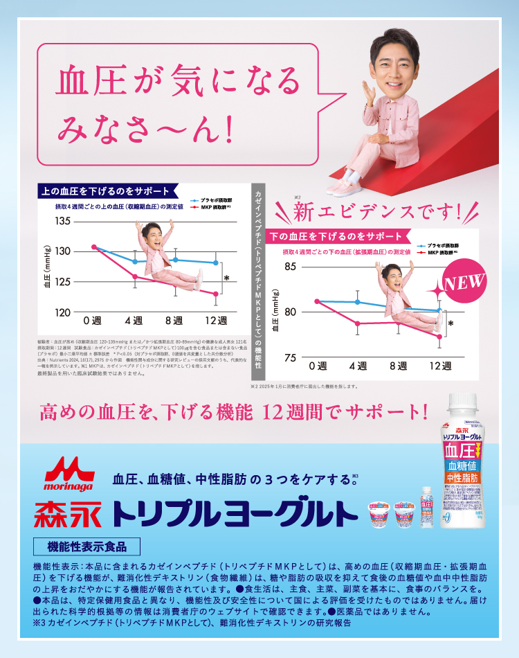 血圧が気になるみなさ~ん!高めの血圧を、下げる機能12週間でサポート!血圧、血糖値、中性脂肪の3つをケアする。森永トリプルヨーグルト